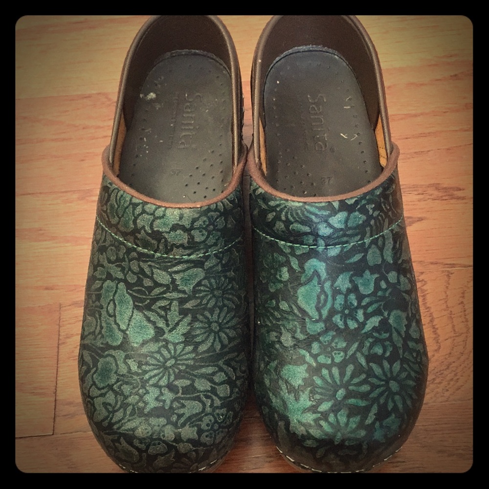 Sanita Green Floral Clogs